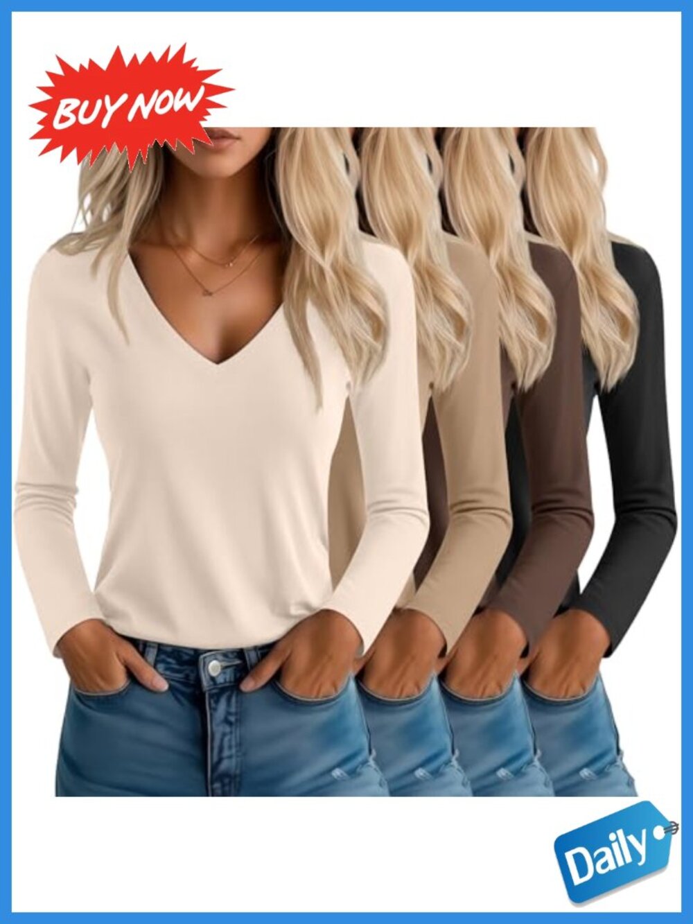 Women's V-Neck Long Sleeve Loose Fit T-Shirts 4 Pack Casual Tops